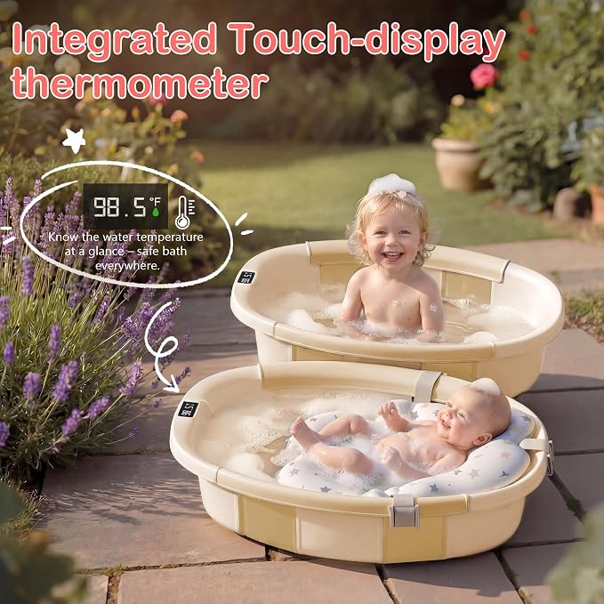 Collapsible Baby Bathtub - Large Baby Bath Tub with Thermometer | Bath Essential Bañera para Bebe Easy Fold Baby Tub | Travel Infant Newborn Toddler Bathtub for Baby Girl Boy 0 to 36 Months(Khaki)