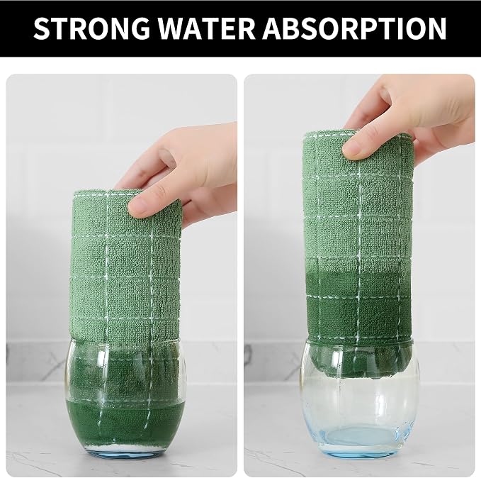 Homaxy 100% Cotton Terry Kitchen Towels(Grass Green, 20 x 28 inches), Checkered Designed, Soft and Super Absorbent Dish Towels, Large 6 Pack
