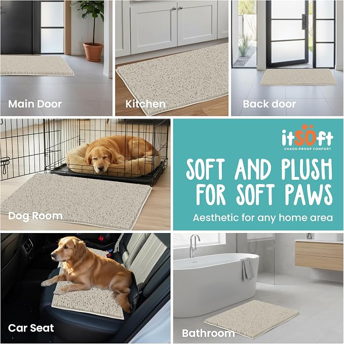Dog Rugs for Muddy Paws 34x21 | Cleaner Mud Free Floors | Muddy Dogs Mats for Indoor, Dog Mat for Muddy Paws Door Mat Washable, Absorbent Chenille Mud Rug Paw Matt w/ Non Slip Backing, , Wax White
