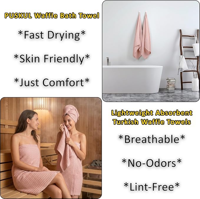 PÜSKÜL Natural 100% Turkish Cotton Waffle Bath Towels Set of 2-Piece | 32x63 inch Extra Large Absorbent Quick-Dry Lightweight Spa Towel | Luxury Sauna Accessories (Pink Powder Bath Towels - Pack of 2)