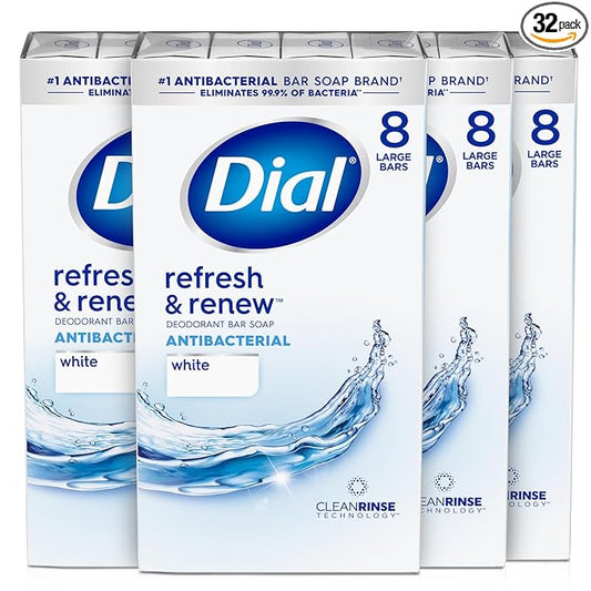 Dial Antibacterial Bar Soap, Refresh & Renew, White, 4 oz, 32 Bars
