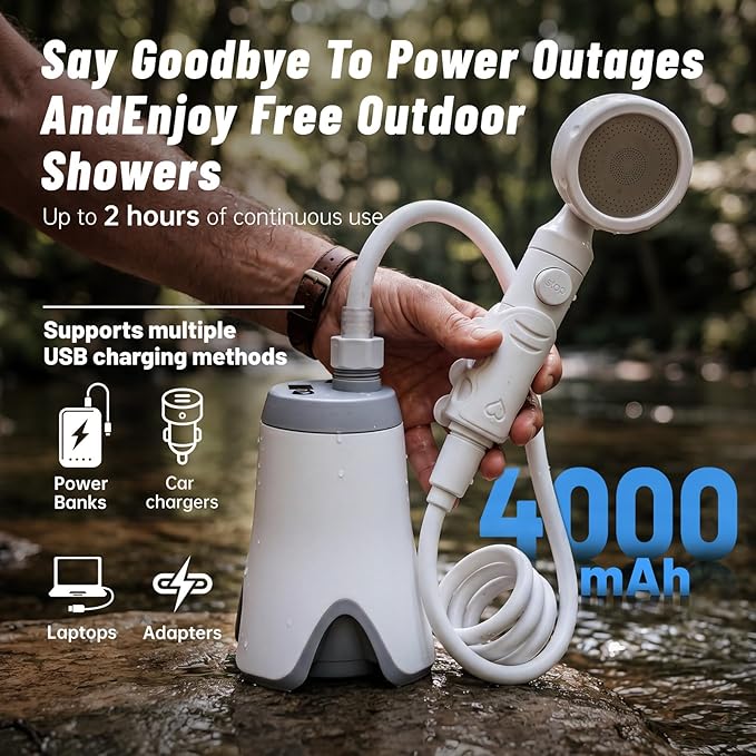 Portable Rechargeable Camping Shower Pump | 4000mAh Battery, Outdoor Shower Head Sprayer, For Camping, Hiking, Travel,car washing, pet cleaning