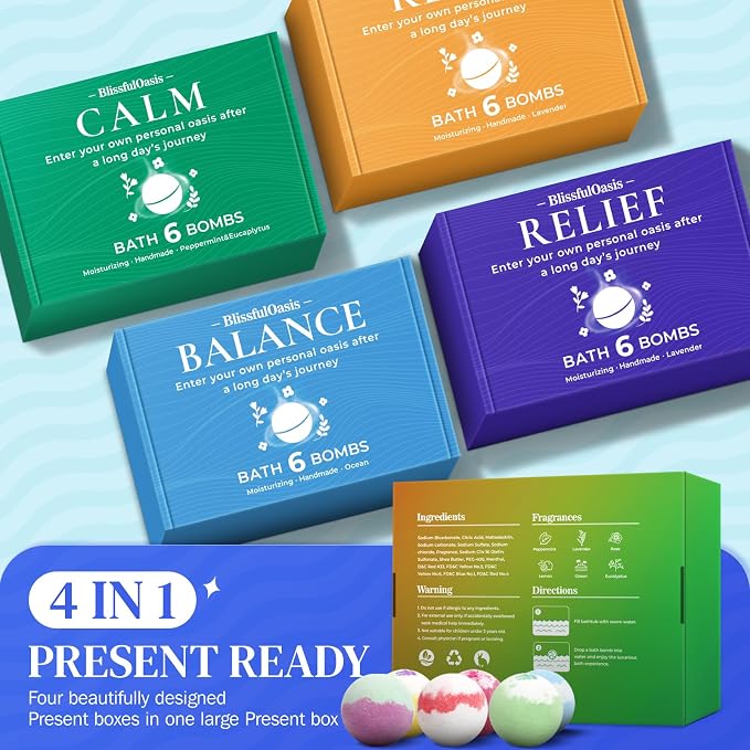 BlissfulOasis Bath Bombs Set, 24 Pcs Shower Bombs with 6 Refreshing Scents, Perfect for Moisturizing & Relaxing, Ideal for Birthday, Mother's Day, Valentine's Day Present Giving, Presents for Women