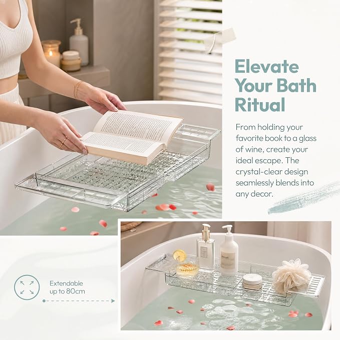 Expandable Clear Acrylic Bathtub Tray Caddy, Foldable Non-Slip Bath Table Tray with Drain Slots, Acrylic Tub Organizer, for Weddings, Anniversaries, Bridal Showers, and New Homes