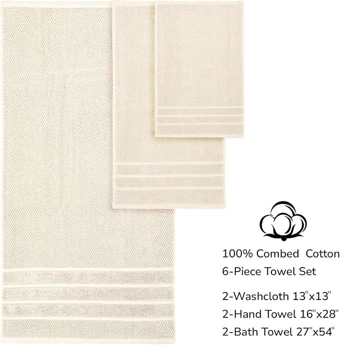 Feather & Stitch 100% Cotton 625 GSM Bath Towel Set of 6, Ultra Soft Highly Absorbent 2 Bath Towels, 2 Hand Towels & 2 Washcloth - Luxury Quick Dry Shower Towels (Ivory)