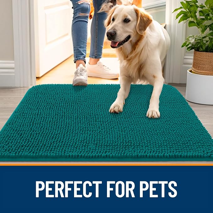 OLANLY Dog Door Mat for Muddy Paws 59x20, Absorbs Moisture and Dirt, Absorbent Non-Slip Washable Doormat, Quick Dry Chenille Mud Mat for Dogs, Entry Indoor Entryway Carpet for Inside Floor, Lake Blue