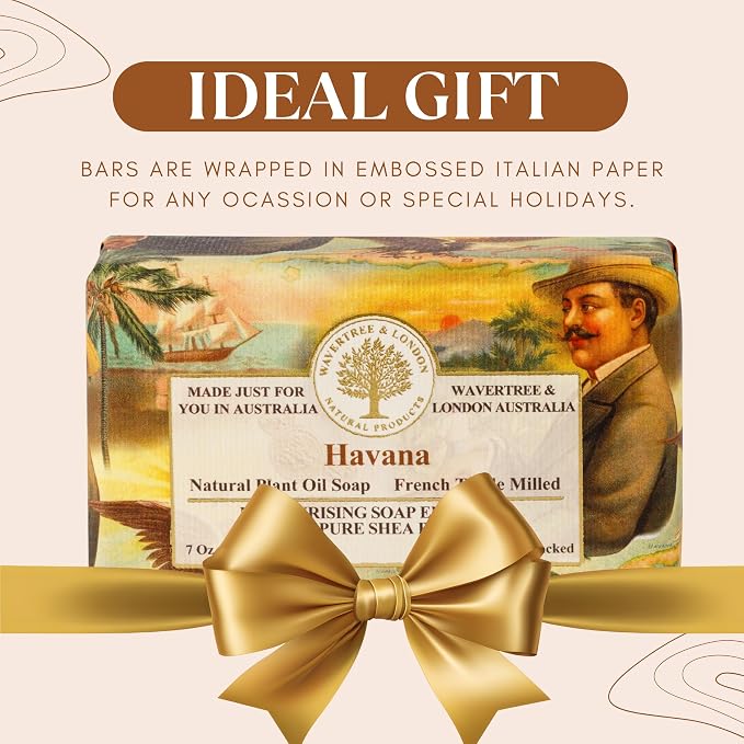 Wavertree & London Havana Scented Natural Soap Bar, 7oz Moisturizing French Triple Milled Soap Bar for Women & Men Enriched with Organic Shea Butter, Pure Bath & Body Soap (1 Bar)