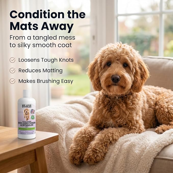 We Love Doodles Dog Conditioner & Detangler, 2-in-1 Conditioner for Allergies & Itching, Lavender and Chamomile, Made in USA, Dog Lotion Treatment, Perfect for Poodles, Doodles & Goldendoodles,16oz