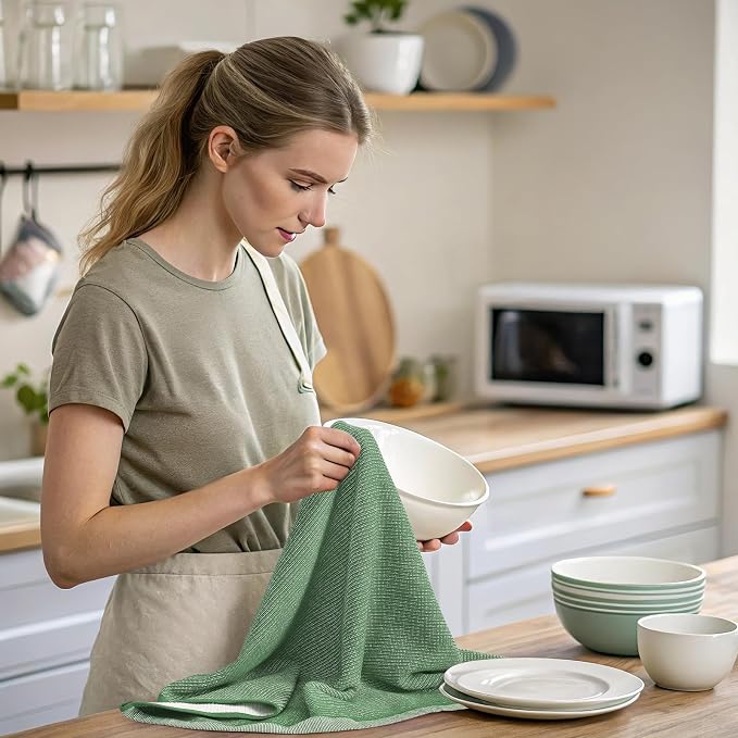 Mordimy Premium Kitchen Towels 8 Pack (18 x 28 Inches, Grass Green), Large Cotton Kitchen Hand Towel, Flat & Terry Dish Towels for Drying Dishes, Super Absorbent Tea Dishtowels Set with Hanging Loop
