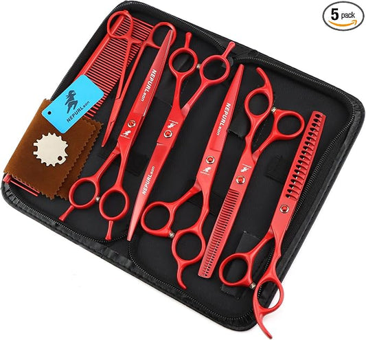 7.0-Inch Dog Grooming Scissors Set Pet Grooming Kit Fishbone Teeth Thinning Shears with Forceps Hairdressing Hair Styling Tool 5 Piece (Red)