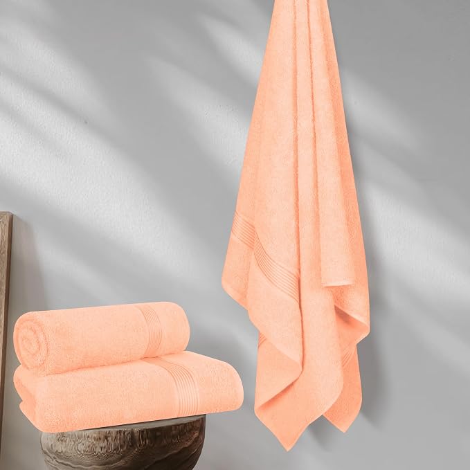 Belizzi Home Cotton 2 Pack Oversized Bath Towel Set 28x55 inches, Large Bath Towels, Ultra Absorbant Compact Quickdry & Lightweight Towel, Ideal for Gym Travel Camp Pool - Peach