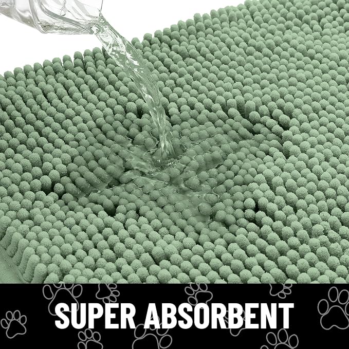 Smiry Dog Door Mat for Muddy Paws, Absorbent Dirt Trapper Non Slip Quick Dry Washable Chenille Mat for Mud Dogs, Entry Rug for Indoor and Outdoor (40x32 Inches, Olive Green and White)