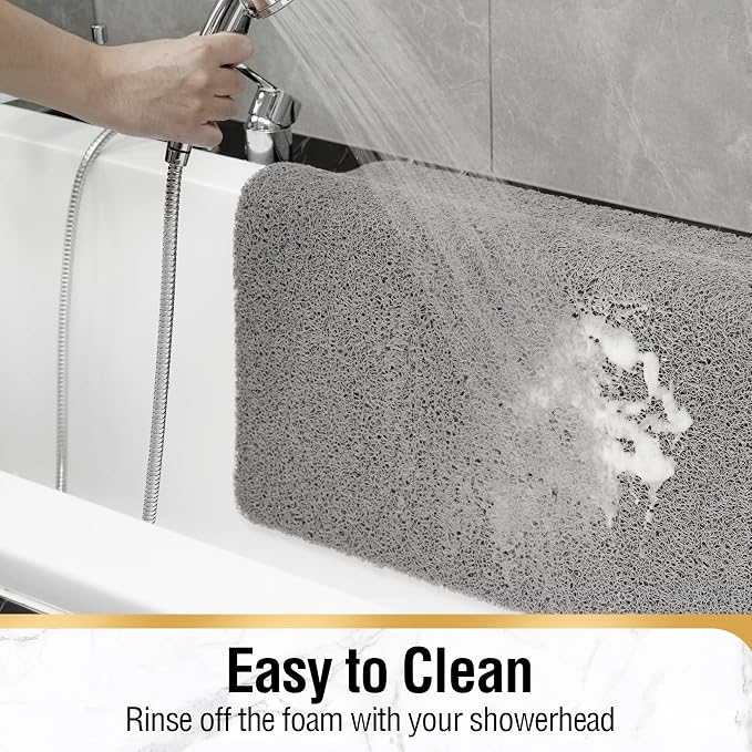 HITSLAM Non Slip Bathtub Mat 40 x 20 Inch, Extra Long Bath Mat for Tub, Soft PVC Loofah Shower Floor Mat with Drain, Quick Drying Bathroom Tub Mat for Wet Area, Without Suction Cup, Grey