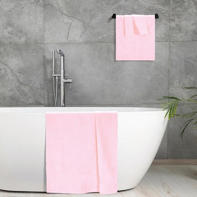 BOUTIQUO Ultra Soft 3 Pack Cotton Towel Set, Contains a Bath Towels 28x55 inch, a Hand Towels 16x24 inch & a Wash Coths 12x12 inch, Ideal Everyday use, Compact & Lightweight - Pink