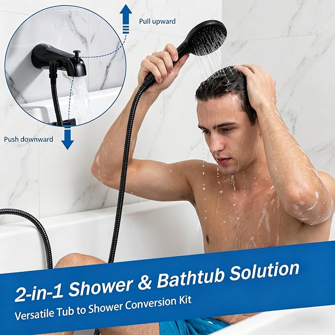Bathtub Sprayer Attachment for Shower, Bathtub Faucet with Sprayer with 10 Spray Modes Upgrade, No Drill Wall 79" Stainless Hose Shower Attachment for Bathtub Faucet, Matt Black