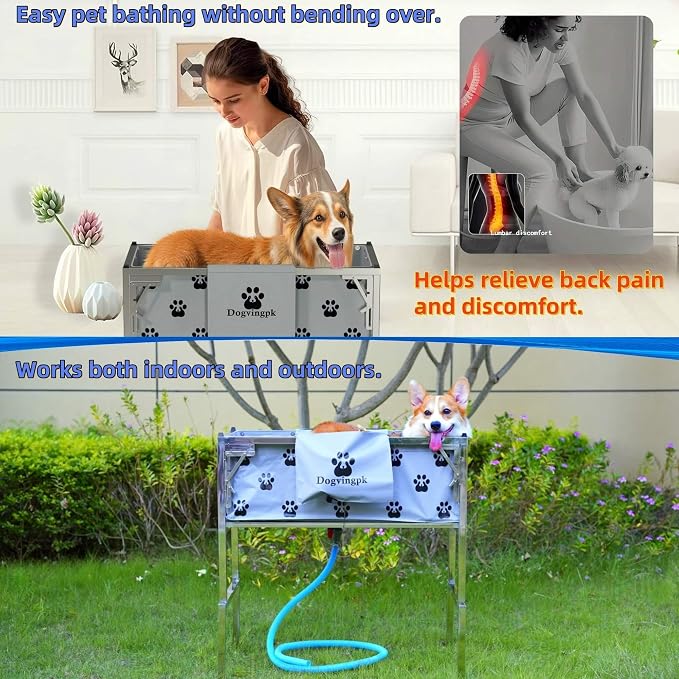 Dogvingpk Portable Foldable Elevated Dog Bathtub, 300 lb Capacity with Drain for Bathing Grooming Medium and Large Dogs, Indoor Outdoor Use