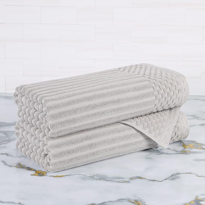 Superior Cotton 2-Piece Solid and Ribbed Bath Towel Set, Bath Towels- 27" x 54", Silver