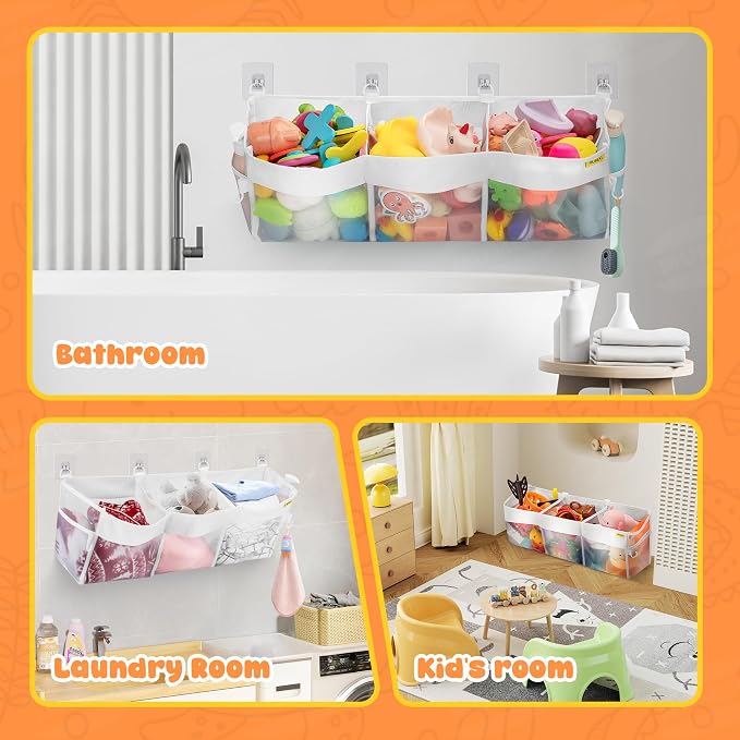 Bath Toy Organizer 3 Compartment Bath Toy Storage Bag Shower Caddy Quick Access Bathtub Toys Holder Baby Shower Games Tub Quick Dry Baby Bathroom Toys Storage Accessory White