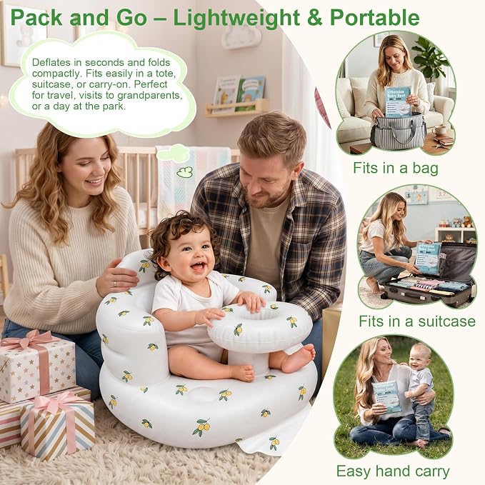 Inflatable Baby Seat for Babies 3-36 Months, Baby Chair with Fence & Built in Air Pump, Blow Up Floor Baby Seat with Back Support, Baby Chair Sit Me Up Olive-Tray