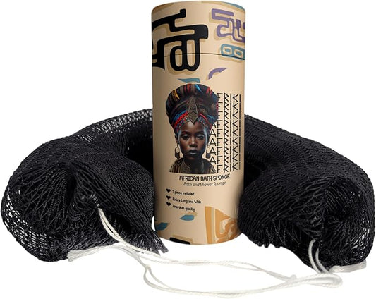 African Net Sponge, Premium Authentic Exfoliating Body Scrubber, Extra Long Stretch Bath Sponge for Shower, Deep Exfoliating Washcloth for Smooth Skin, 1 Pack (Black)