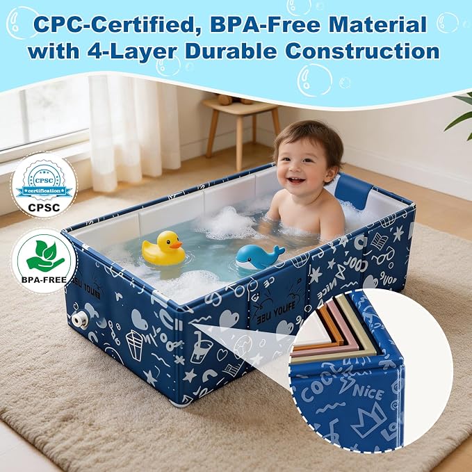 Baby Bathtub, 5-Layer Anti-Tear Foldable Toddler Bath Tub with Padded Bottom Drain Plug, Portable Collapsible Baby Bath for Travel, Shower, Sink, Indoor & Outdoor, 6 Months to 5 Years