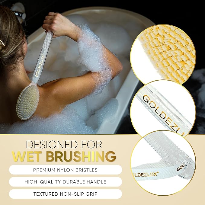 GOLDEZLUX® Firm Body Brush Dual-Sided Shower Brush Back Scrubber - Premium Medium Soft & Stiff Bristles Wet or Dry Brushing - Perfect Durable Non-Slip Long Handle Large Size 17" (Transparent Dual)