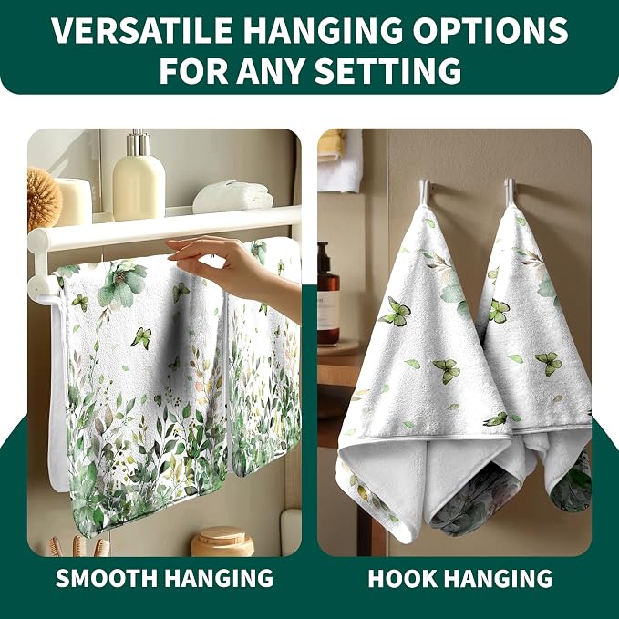 Sage Green Leaves Hand Towels Butterfly Floral Absorbent Microfiber Towel for Bathroom