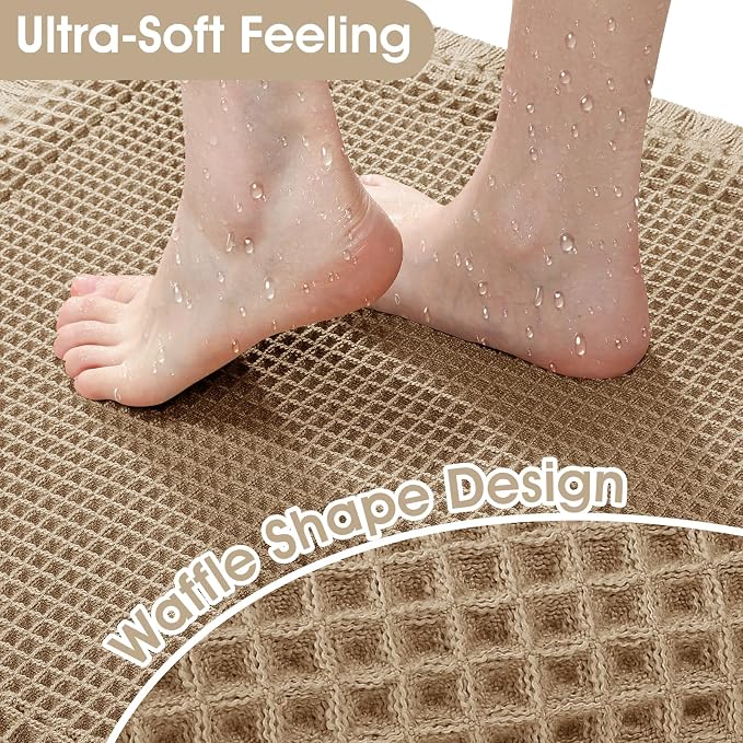 Upgraded Waffle Bath Mat, 32"x20" Beige-Bordered, Super Absorbent Non-Slip Quick Dry Bathroom Rugs with Tassels, Machine Washable Ultra Soft Boho Bath Rugs for Floor, Toilet Mats Boho Farmhouse Decor