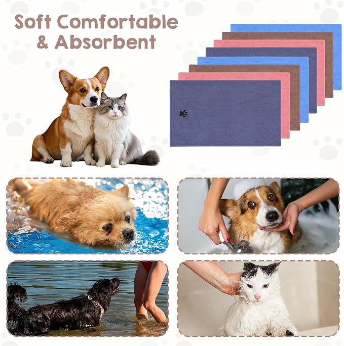 8Pcs Dog Towels for Drying Dogs Cats, Bulk Microfiber Quick Drying Pet Towels, Colorful Pet Grooming Absorbent Towel, Paw Bath Bathing Supplies for Medium Pets (16 x 31 Inch)