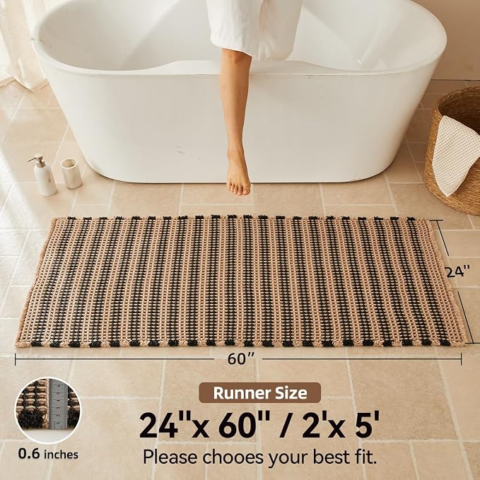 Triohero Waffle Runner Bath Mat - Long Bathroom Rugs Non Slip Washable, Ultra Soft Super Absorbent Quick Dry Boho Farmhouse Bathroom Decor, 24" x 60"', Khaki & Black