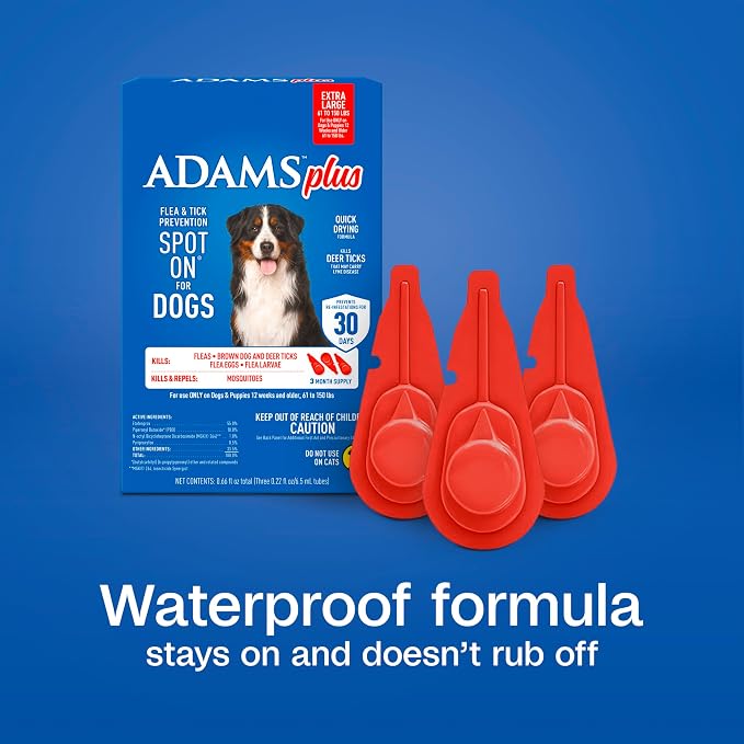 ADAMS Plus Flea & Tick Prevention Spot On for Dogs, Extra Large Dogs, Kills Fleas & Ticks (Brown Dog/Deer Ticks), Kills and Repels Mosquitoes, Prevents Flea Infestations, 3-Month Supply, 3 Pack