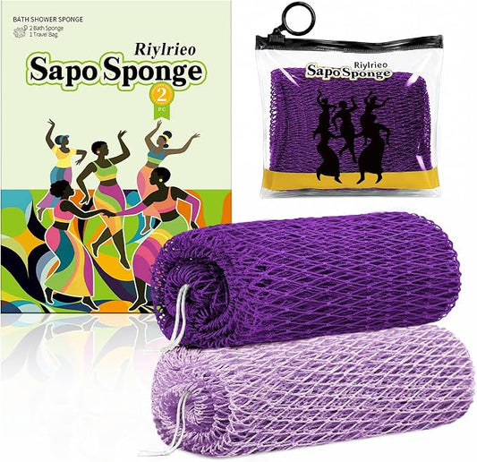 African Net Sponge for Shower, 2PCS Exfoliating Shower Sponge with Waterproof Travel Bag, Quick-Drying African Wash Cloth for Deep Cleansing & Smooth Skin (Deep Purple & Lavender Purple)