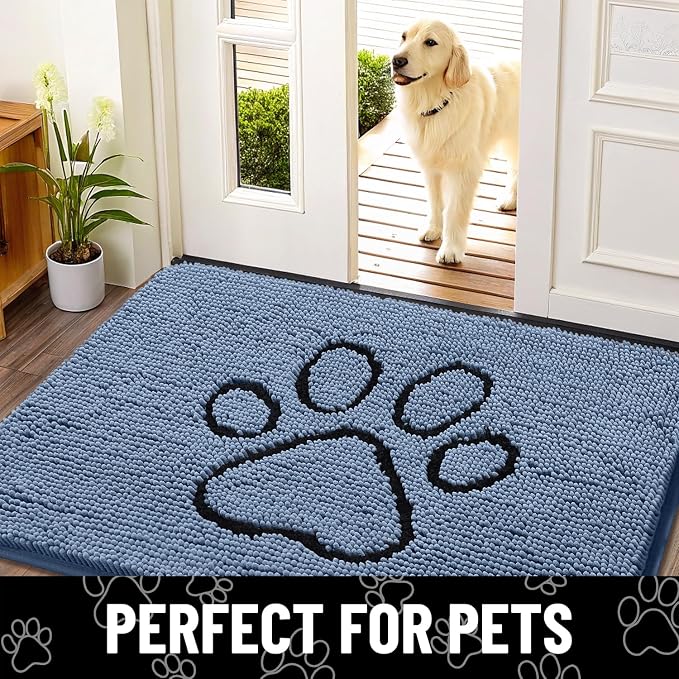 Smiry Dog Door Mat for Muddy Paws, Absorbent Dirt Trapper Non Slip Quick Dry Washable Chenille Mat for Mud Dogs, Entry Rug for Indoor and Outdoor (59x35 Inches, Airy Blue and Black)