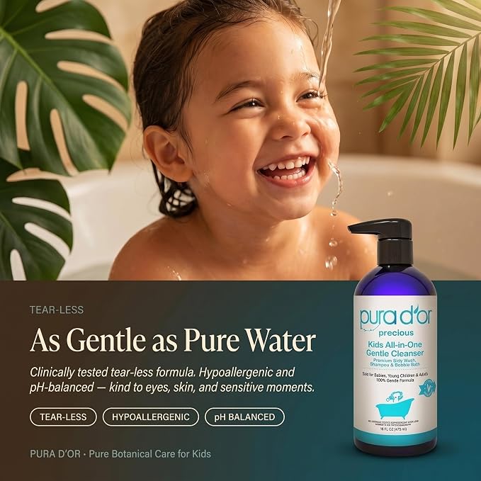 PURA D'OR 16 Oz Kids Wash - All-in-One Gentle Cleanser - USDA Biobased, Sulfate-Free, Tear-Less, Hypoallergenic, Premium, Shampoo & Bubble Bath