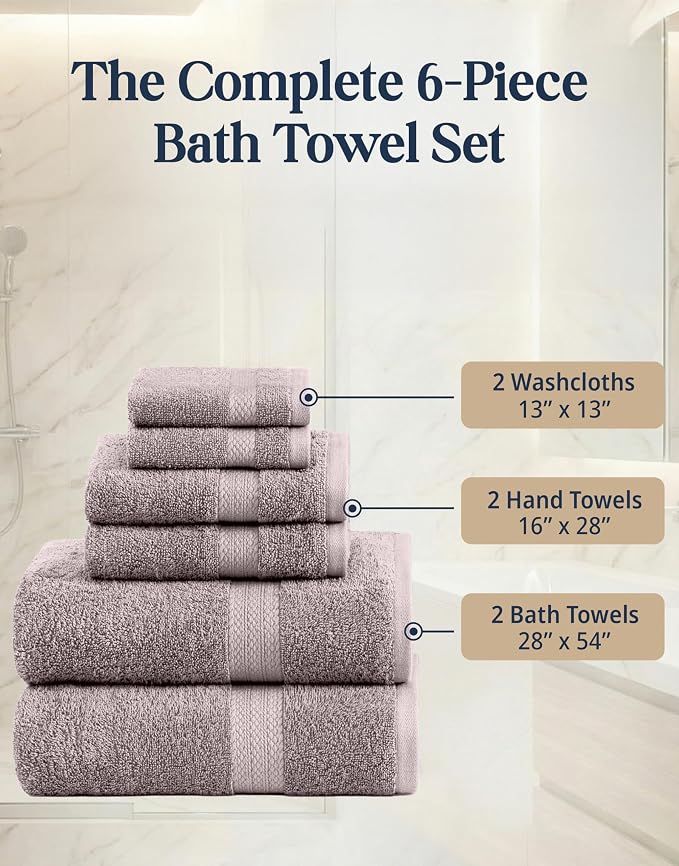 LANE LINEN 100% Ring Spun Cotton Bathroom Towel Set - 6 Piece - Soft, Quick Dry & Highly Absorbent - 2 Bath, 2 Wash cloths, 2 Hand Towels - Ideal for Guests & Perfect for Bathroom decor - Platinum