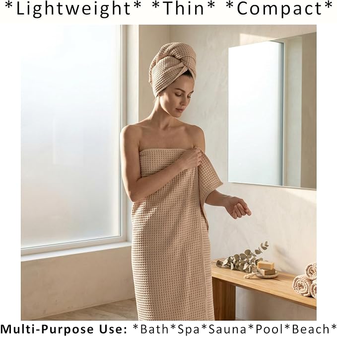 PÜSKÜL Natural 100% Turkish Cotton Waffle Bath Towels Set of 2-Piece | 32x63 inch Extra Large Absorbent Quick-Dry Lightweight Spa Towel | Luxury Sauna Accessories (Beige Bath Towels - Pack of 2)