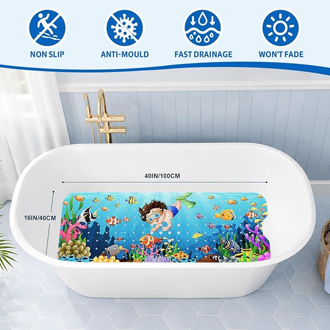 XIYUNTE Baby Bath Mat for Tub Non Slip Kids Bath Mat - 40''x16'' Extra Long Cartoon Bathtub Mat Non Slip Kids Shower Mat Eco-Friendly Toddler Bath Mats with Suction Cups, Machine Washable