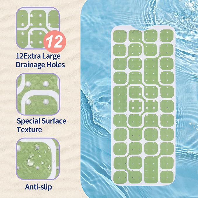 Bathtub Mat Non Slip 40x16 Inch Extra Long Bath Mat, Green Modern Art Shower Mat Non Slip Bath Mat for Tub Anti Slip with Large Drain Holes and Suction Cups,Geometric Design Bathroom Mat for Decor