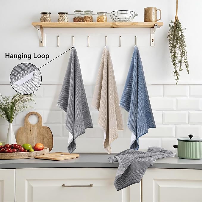 Mordimy Premium Kitchen Towels 8 Pack (18 x 28 Inches, Mixed Color), Large Cotton Kitchen Hand Towel, Flat & Terry Dish Towels for Drying Dishes, Super Absorbent Tea Dishtowels Set with Hanging Loop