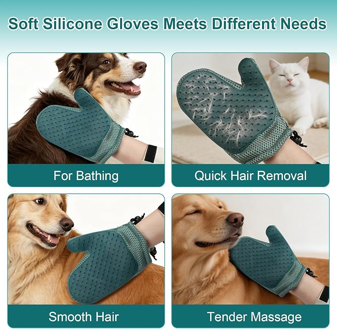 4-in-1 Pet Hair Remover Kit for Cat & Dog Fur Remover for Couch, Carpets & Clothing - Pet Hair Remover Grooming Glove & Pet Bath Scrubber with Shampoo Dispenser