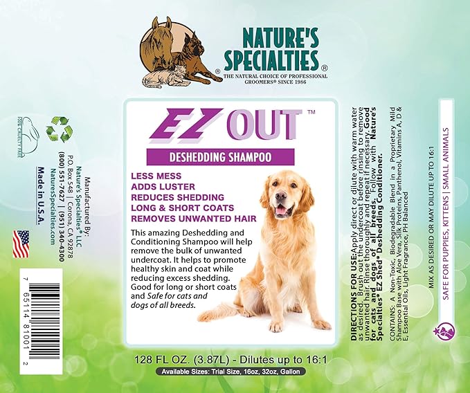 Nature's Specialties EZ Out Deshedding Ultra Concentrated Dog Shampoo for Pets, Makes up to 4 Gallons, Natural Choice for Professional Groomers, Removes Unwanted Hair, Made in USA, 32 oz
