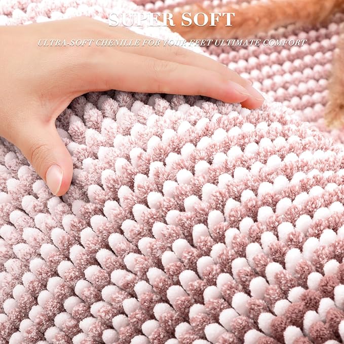 BSICPRO Bathroom Rugs and Mats Sets, 2 Piece Thick Absorbent Chenille Bath Mat Rug Set Non Slip, Soft Shaggy Bath Room Floor Mats for Bathroom, Machine Washable (20" x 32" Plus 16" x 24",Mist Pink)