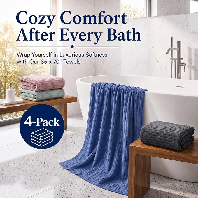 4 Pcs Extra Large Bath Towel Set 35"x70" Oversized Microfiber Bath Sheet Soft Quick Dry Absorbent Towel Gray Brown Green Coral Fleece Bathroom Sheet for Adult Beach Pool Spa Body