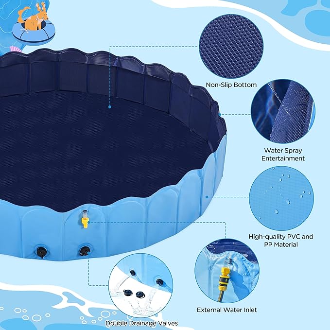 Yaheetech Foldable Dog Bath Pool Collapsible Dog Bathing Tub Doggie Wading Pool with Sprinkler for Indoor/Outdoor Use Suitbale for Puppy Small Medium Dogs Cats(Blue, 63x13 inches)