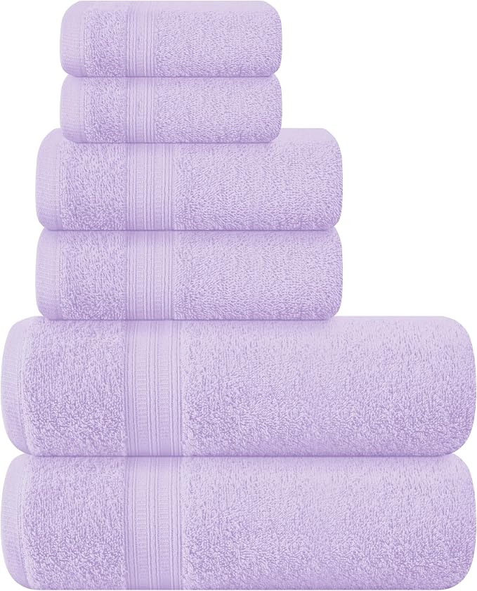 BOUTIQUO 6 Pack Cotton Towel Set, Contains 2 Bath Towels 27x54 inch, 2 Hand Towels 16x24 inch & 2 Wash Coths 12x12 inch, Ideal Everyday use, Ultra Soft Compact & Lightweight - Purple
