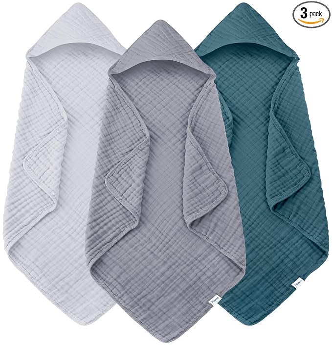Muslin Hooded Baby Bath Towels - 3 Pack 100% Cotton Ultra-Soft Towels for Newborns, Infants, Toddlers - 32x32 Inch - Highly Absorbent, Quick-Dry Essentials for Bath, Beach, Pool, Grey Blue Series