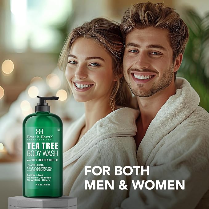 Botanic Hearth Tea Tree Body Wash, 16 Fl Oz (473 ml) | Enriched With Tea Tree Oil, Peppermint & Sea Buckthorn | Gently Cleanses, Refreshes & Nourishes Skin | Sulfate & Paraben Free | For Men & Women