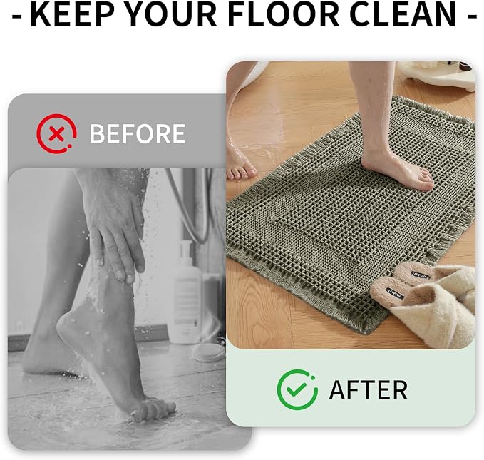 Waffle Bath Mat - Super Water Absorbing Bath Mat Quick Dry, Bathroom Rugs Non Slip Washable with Tassels, Rubber Backed Bathroom Mat for Bathroom Floor, Tub and Shower, 20" x 32", Olive Green