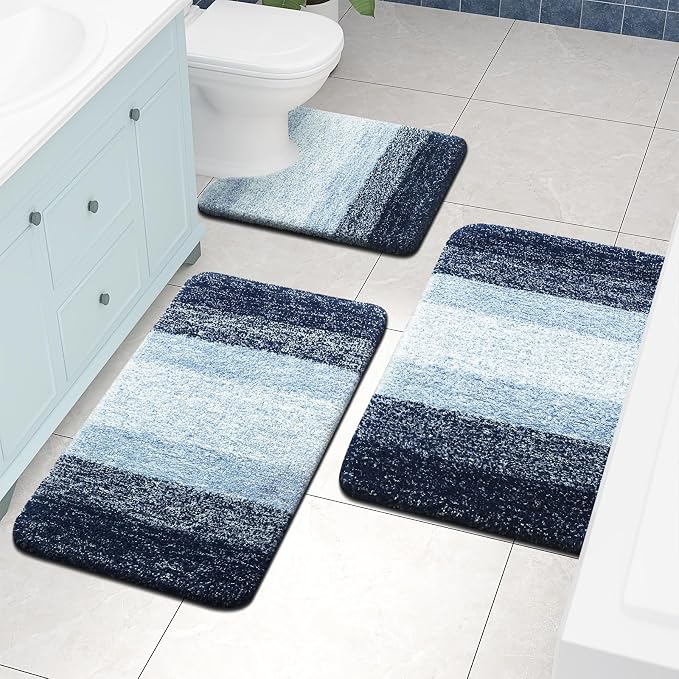 Arotive Microfiber Bathroom Rugs, Shaggy Soft and Absorbent Contour Toilet Rugs, Thick Plush Machine Washable Dry Bath Mats for Toilet Base, 24x20, Dark Blue, U-Shape