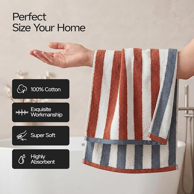 REDKISS Brown Striped Hand Towels for Bathroom, Kitchen Decor, Guest Use, Ultra Soft and Highly Absorbent for Kids Adults, 100% Cotton, 12” x 28”, 2 Pack
